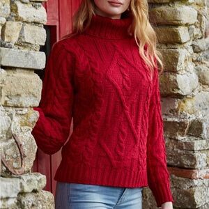Aran Mor 100% merino wool traditional turtleneck sweater L cherry red NWT
